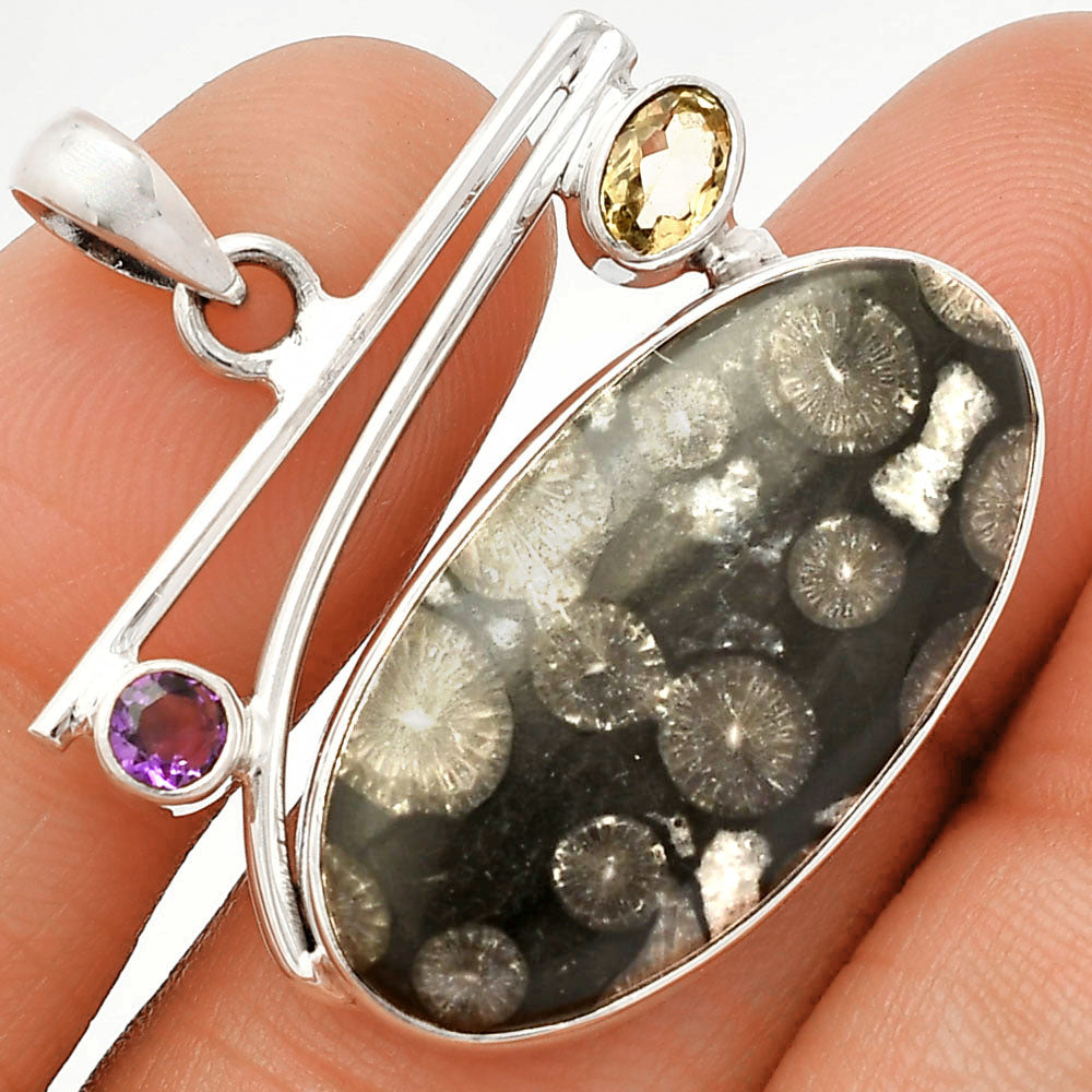 Black Flower Fossil Coral, Citrine & Amethyst Pendant P-1286 SDP148390