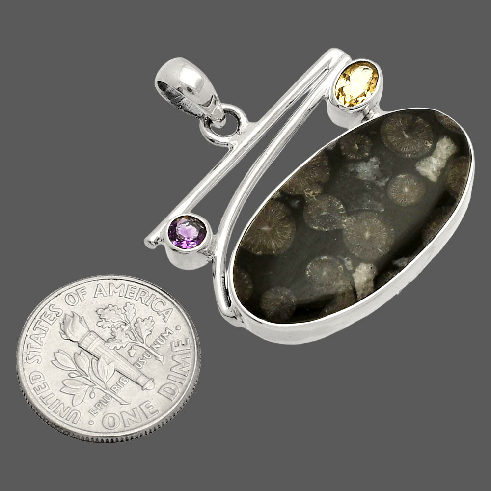 Black Flower Fossil Coral, Citrine & Amethyst Pendant P-1286 SDP148390