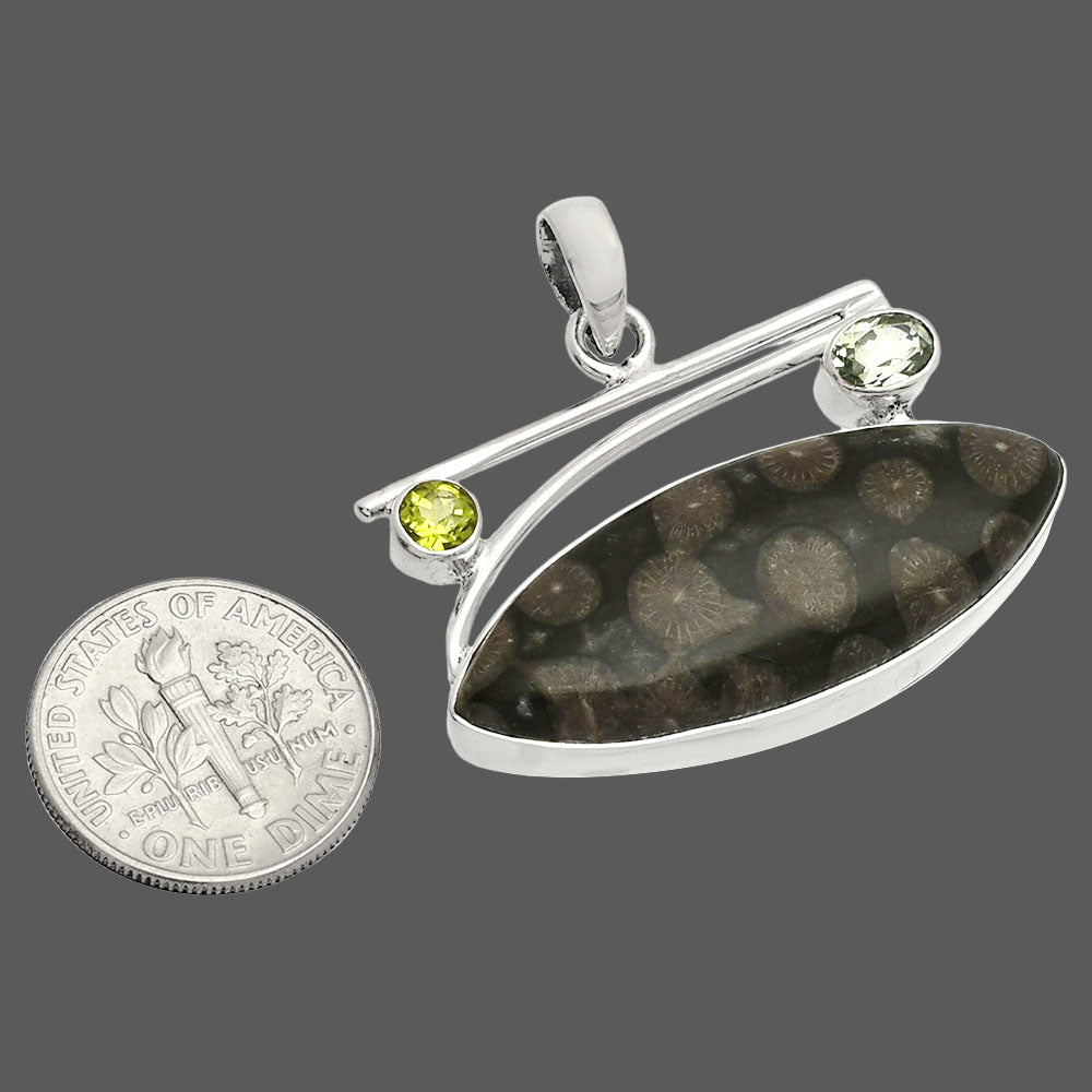 Black Flower Fossil Coral, Prasiolite & Peridot Pendant P-1286 SDP148411