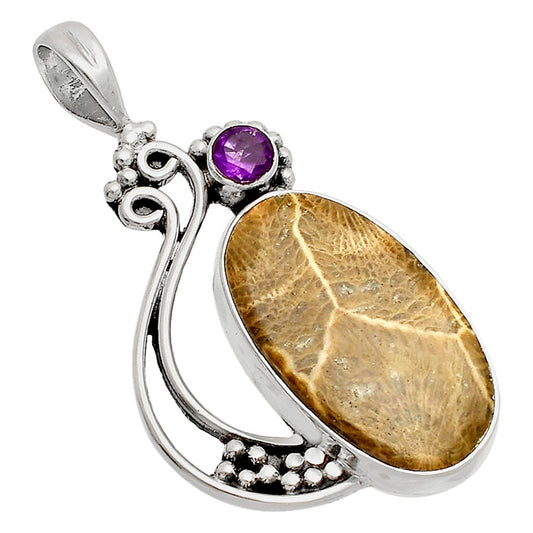 Flower Fossil Coral & Amethyst Pendant P-1573 SDP148758