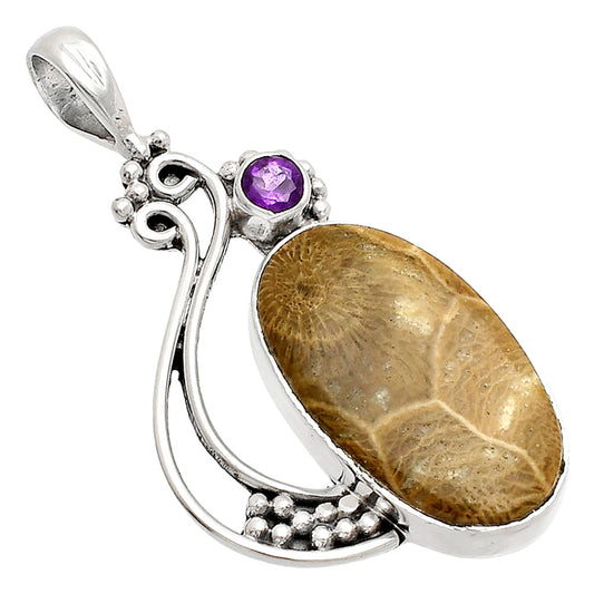Flower Fossil Coral & Amethyst Pendant P-1573 SDP148762