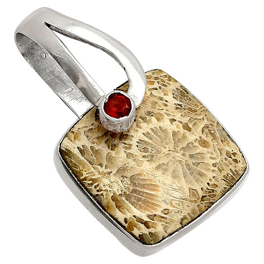 Natural Flower Fossil Coral & Garnet Pendant P-1251 SDP148850