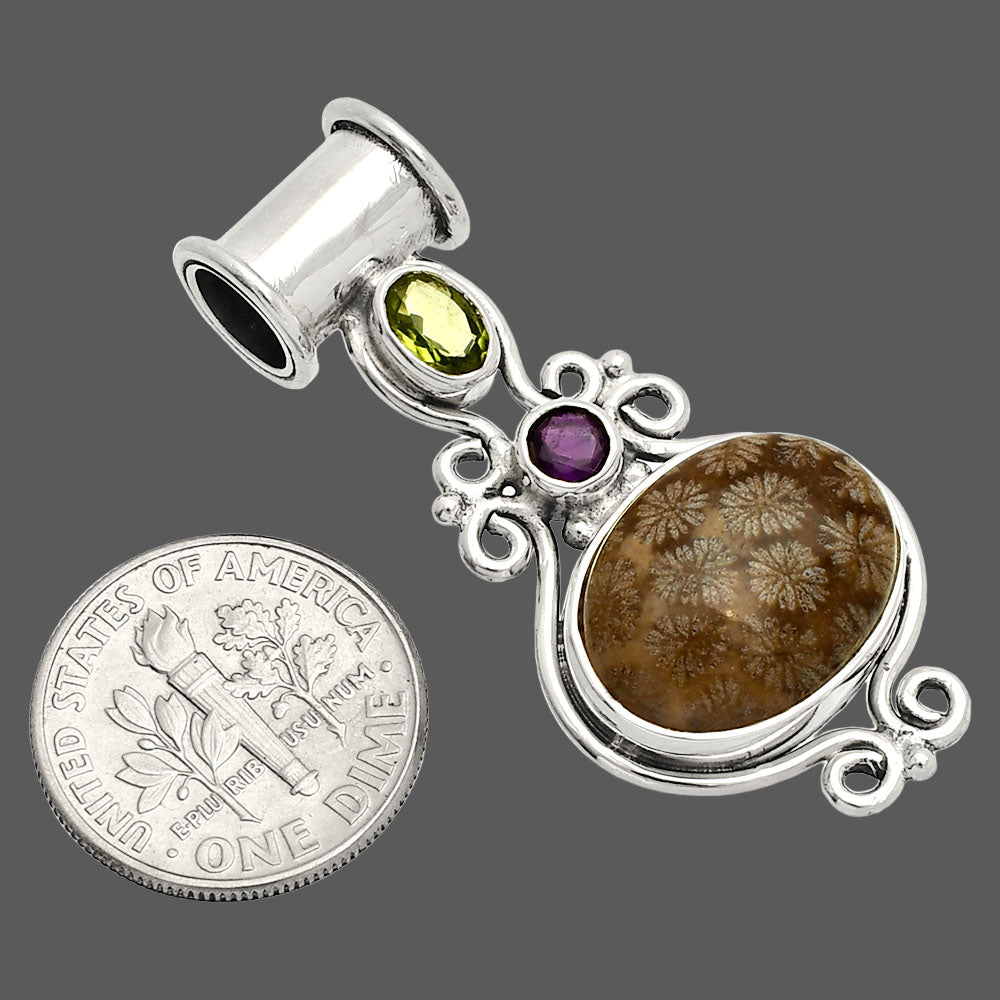 Flower Fossil Coral, Peridot & Amethyst Pendant P-1448 SDP149312