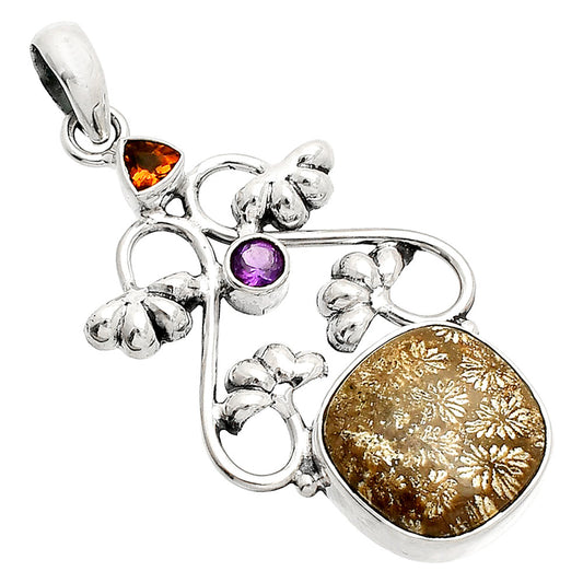 Flower Fossil Coral, Mandarin Citrine & Amethyst Pendant P-1294 SDP149473