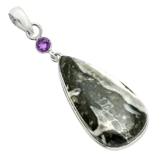 Mexican Cabbing Fossil & Amethyst Pendant P-1098 SDP151009