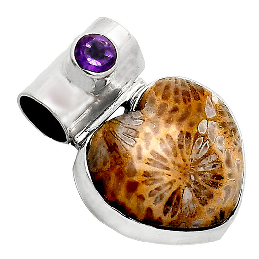 Heart Flower Fossil Coral & Amethyst Pendant P-1300 SDP151764