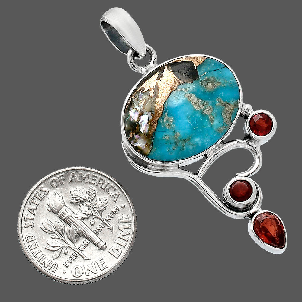 Shell In Black Blue Turquoise & Garnet Pendant P-1293 SDP152651