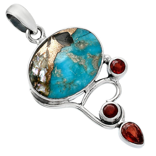 Shell In Black Blue Turquoise & Garnet Pendant P-1293 SDP152651