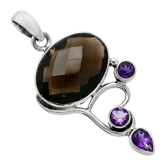 Smoky Quartz Checker Briolette & Amethyst Pendant P-1293 SDP152661