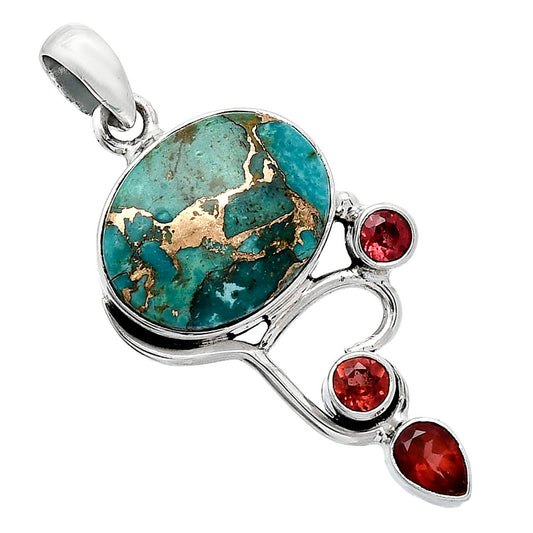 Kingman Copper Teal Turquoise & Garnet Pendant P-1293 SDP152664