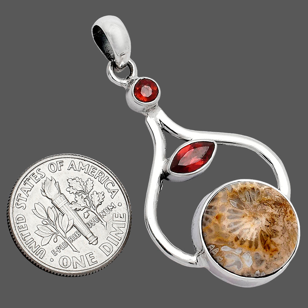 Natural Flower Fossil Coral & Garnet Pendant P-1187 SDP152740