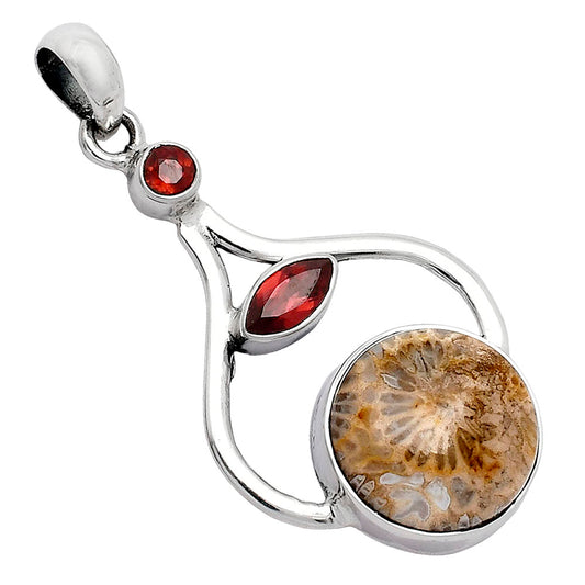 Natural Flower Fossil Coral & Garnet Pendant P-1187 SDP152740