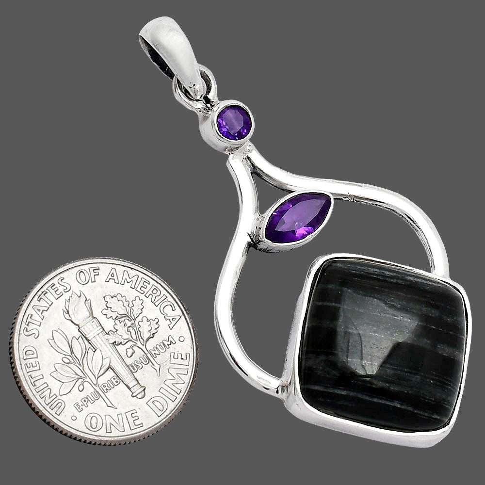 Silver Leaf Obsidian & Amethyst Pendant P-1187 SDP152746