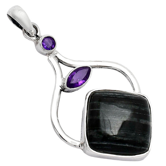 Silver Leaf Obsidian & Amethyst Pendant P-1187 SDP152746
