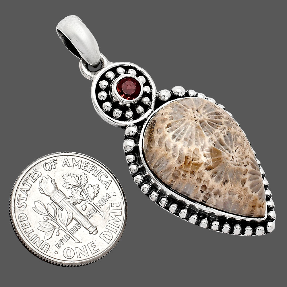 Natural Flower Fossil Coral & Garnet Pendant P-1500 SDP152878
