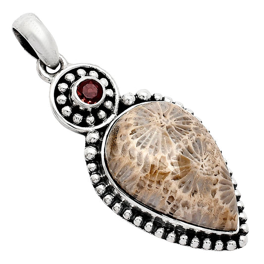 Natural Flower Fossil Coral & Garnet Pendant P-1500 SDP152878