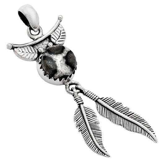 Feather - Black Flower Fossil Coral Pendant P-1284 SDP152960