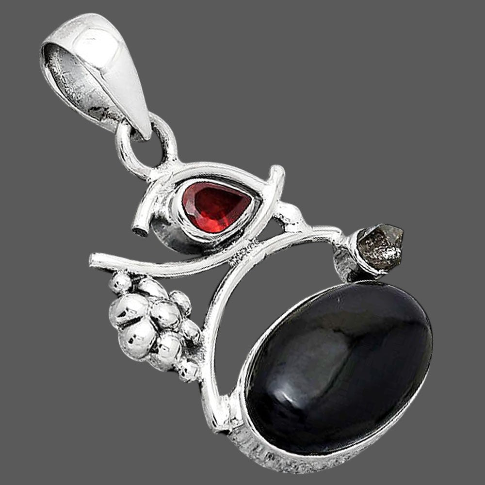 Tektite Cab, Garnet & Herkimer Diamond Pendant P-1704 SDP154241