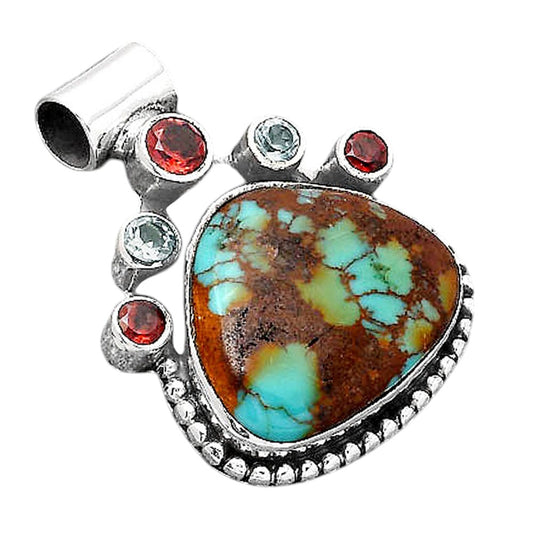 Lucky Charm Tibetan Turquoise, Garnet & Sky Blue Topaz Pendant P-1519 SDP154949