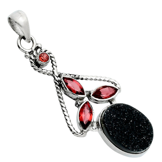 Black Druzy & Garnet Pendant P-1610 SDP157706