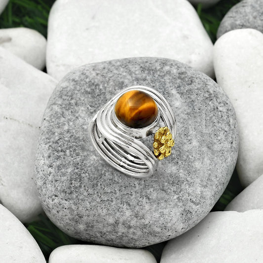 Two Tone Adjustable Flower Tiger Eye Ring size-6.5 R-1491 SDR150924