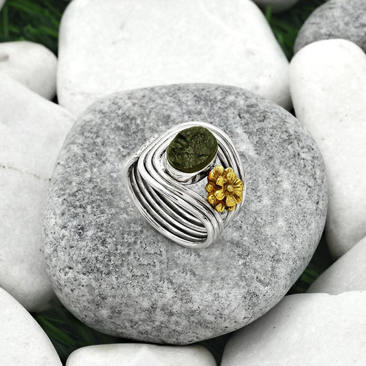 Two Tone Adjustable Flower - Tektite Rough Ring size-8 R-1491 SDR150931
