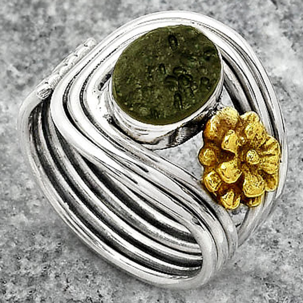 Two Tone Adjustable Flower - Tektite Rough Ring size-6.5 R-1491 SDR150933