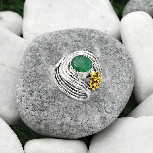 Two Tone Adjustable Flower Green Aventurine Ring size-6.5 R-1491 SDR150959