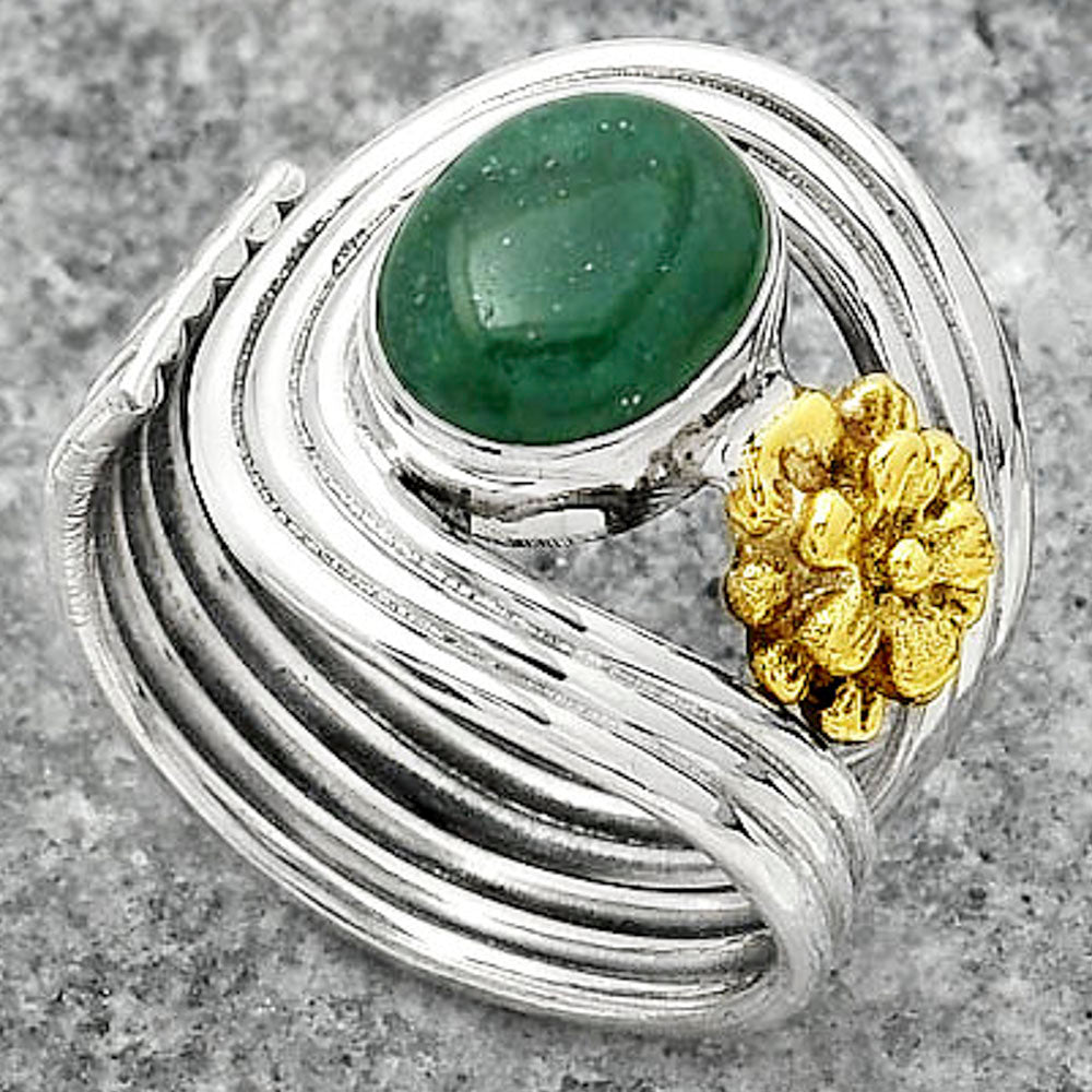Two Tone Adjustable Flower Green Aventurine Ring size-7.5 R-1491 SDR150970