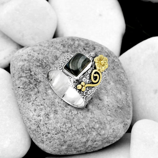 Two Tone Crown Of Silver Psilomelane Black Malachite Silver Ring size-8.5 R-1681 SDR161328