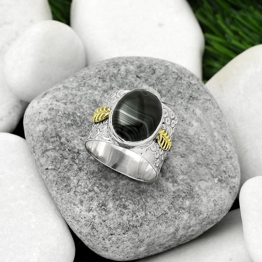 Two Tone Crown Of Silver Psilomelane Black Malachite Ring size-8 R-1534 SDR161402