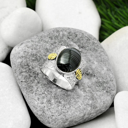 Two Tone Crown Of Silver Psilomelane Black Malachite Ring size-7 R-1534 SDR161409