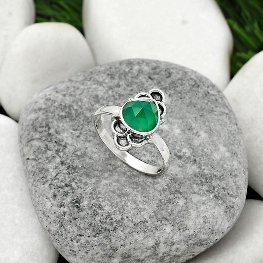 Faceted Natural Green Onyx Ring size-8 R-1104 SDR162088