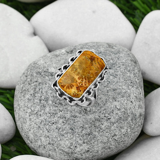 Natural Flower Fossil Coral Ring size-7 R-1093 SDR165658
