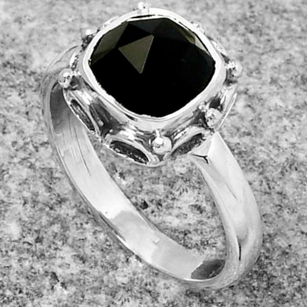 Faceted Natural Black Onyx Brazil Ring size-7.5 R-1198 SDR167403