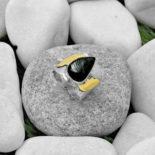 Two Tone Crown Of Silver Psilomelane Black Malachite Ring size-7 R-1542 SDR168612