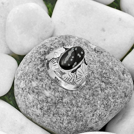 Southwest Design Snow Flake Obsidian Ring size-8.5 R-1352 SDR176254