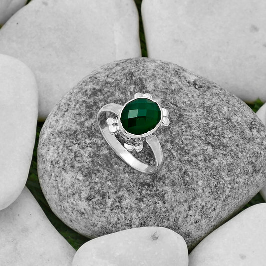 Faceted Natural Green Onyx Ring size-7.5 R-1091 SDR177012