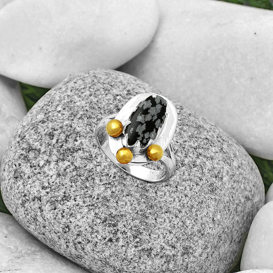 Two Tone - Snow Flake Obsidian Ring size-7.5 R-1503 SDR189977