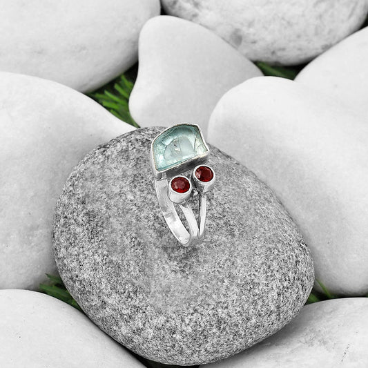 Adjustable - Sky Blue Topaz Rough & Garnet Ring size-7.5 R-1243 SDR206903
