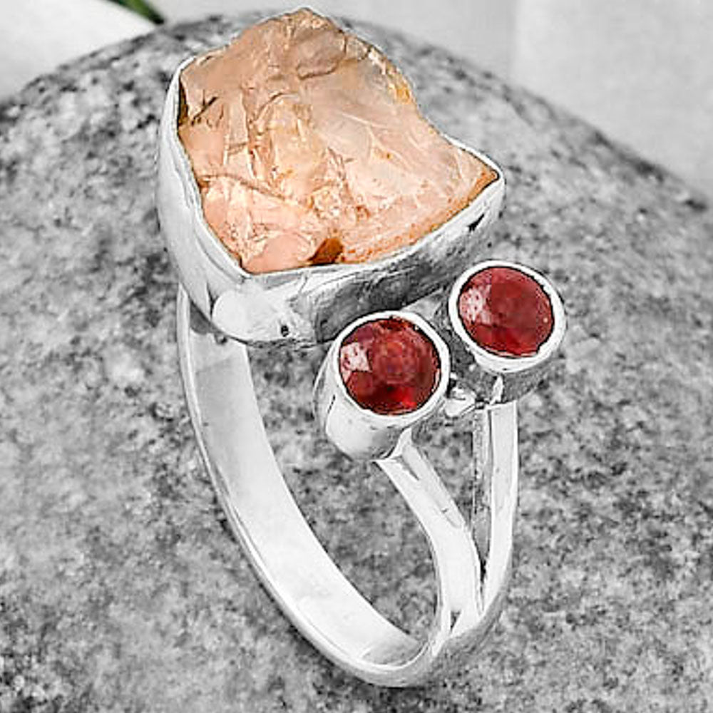 Adjustable Rose Quartz Rough & Garnet Ring size-8 R-1243 SDR206904