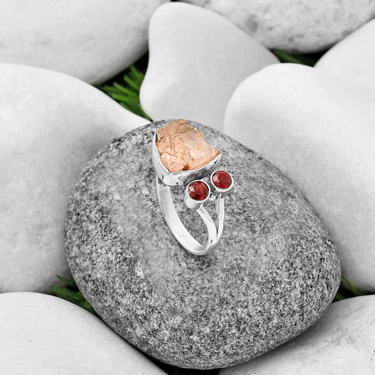 Adjustable Rose Quartz Rough & Garnet Ring size-8 R-1243 SDR206904