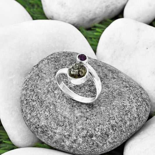 Adjustable - Crinoid Fossil Coral & Amethyst Ring size-8 R-1205 SDR209647
