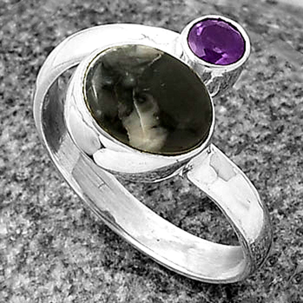 Adjustable - Mexican Cabbing Fossil & Amethyst Ring size-7.5 R-1205 SDR209719