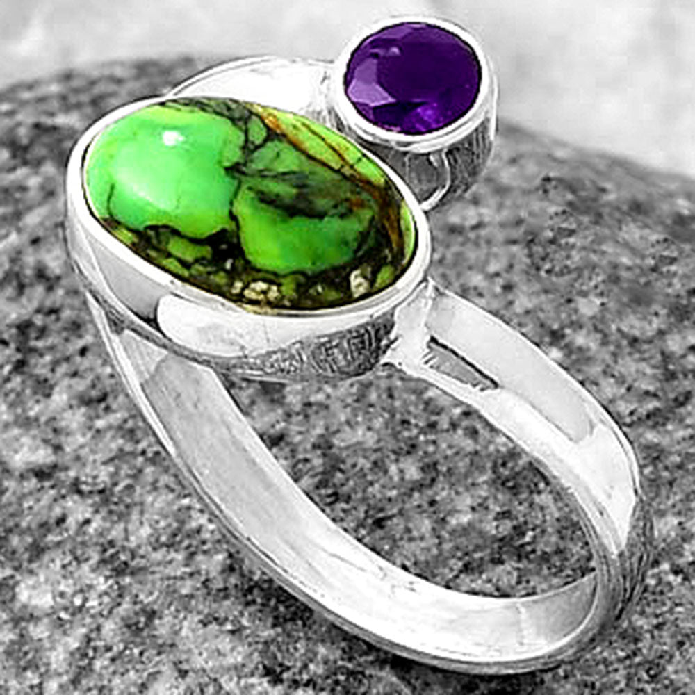 Adjustable - Green Matrix Turquoise & Amethyst Ring size-7.5 R-1205 SDR209767