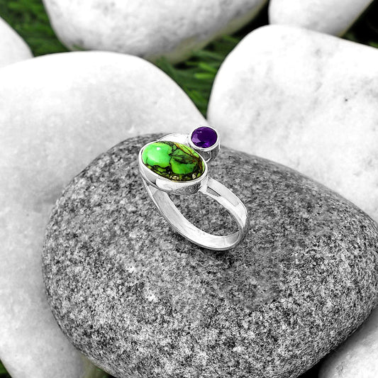 Adjustable - Green Matrix Turquoise & Amethyst Ring size-7.5 R-1205 SDR209767
