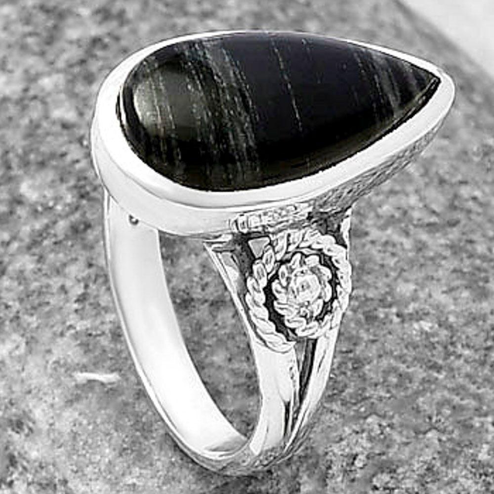 Spiral - Silver Leaf Obsidian Ring size-7 R-1062 SDR214125