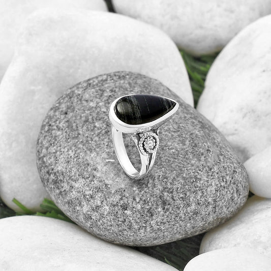 Spiral - Silver Leaf Obsidian Ring size-7 R-1062 SDR214125