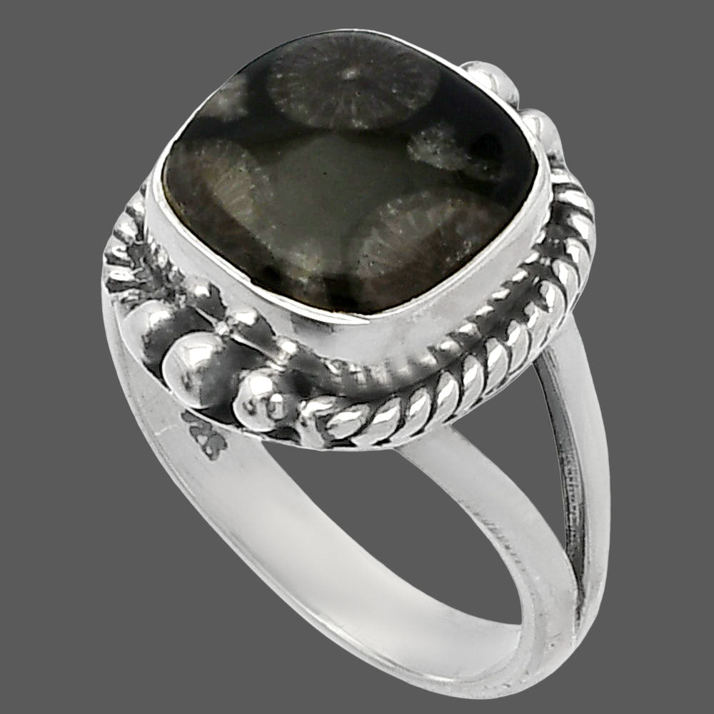 Natural Black Flower Fossil Coral Ring size-6 R-1253 SDR225683