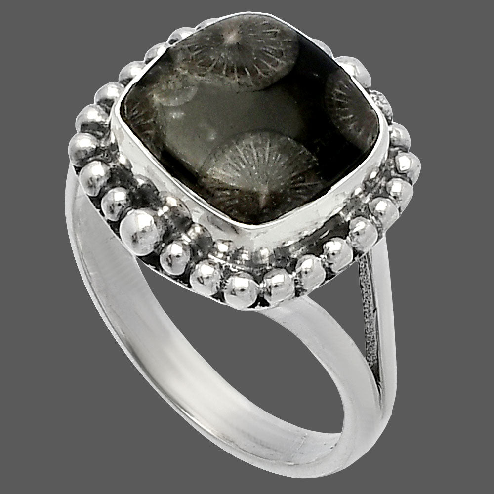 Natural Black Flower Fossil Coral Ring size-8 R-1154 SDR225905